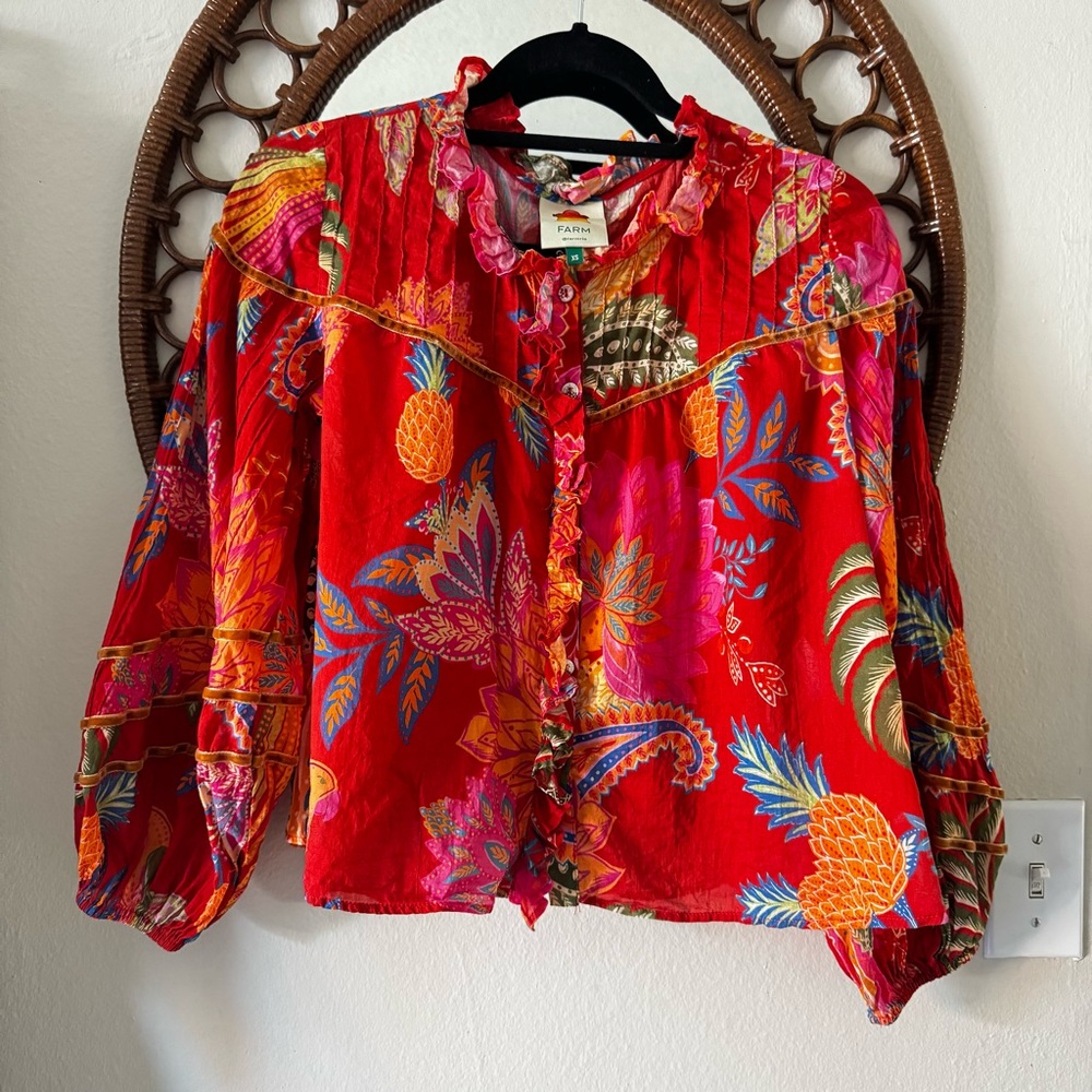 FARM Rio Red Floral Blouse with Pineapple Print size XS